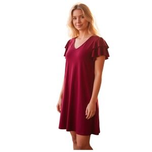 NIVYEE Casual A-Line V-Neck Casual Dress, Flutter Sleeves, Pockets, Red, Medium
